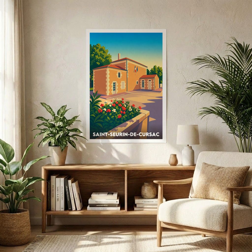 Affiche souvenir de la ville de Saint-Seurin-de-Cursac avec une illustration colorée et stylisée.