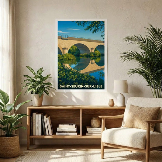Affiche souvenir de la ville de Saint-Seurin-sur-l'Isle avec une illustration stylisée de son pont se reflétant dans l'eau.
