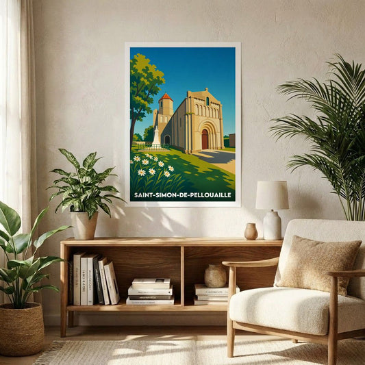Affiche souvenir de la ville de Saint-Simon-de-Pellouaille avec une illustration stylisée.