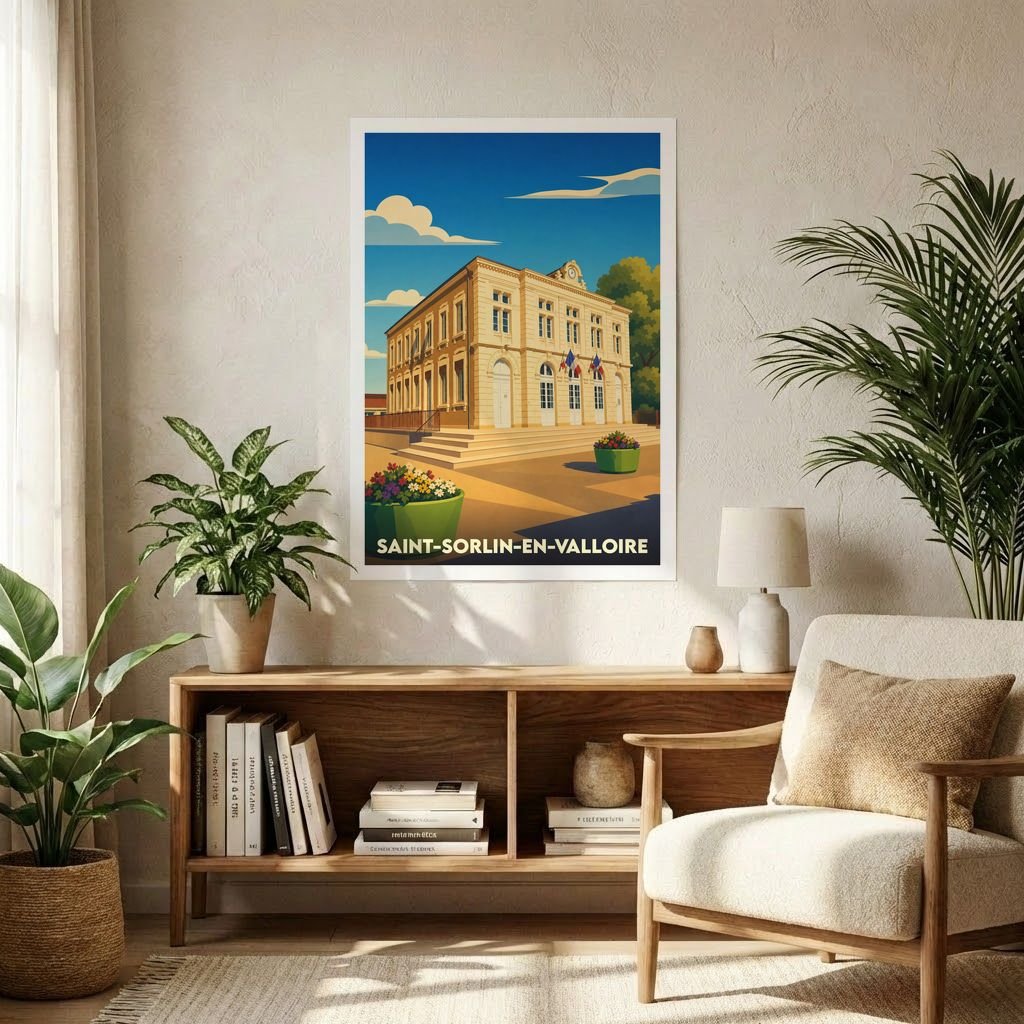 Affiche souvenir de la ville de Saint-Sorlin-en-Valloire présentant une illustration stylisée de sa mairie sous un ciel bleu.