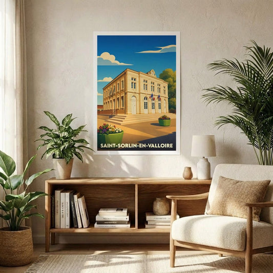 Affiche souvenir de la ville de Saint-Sorlin-en-Valloire présentant une illustration stylisée de sa mairie sous un ciel bleu.