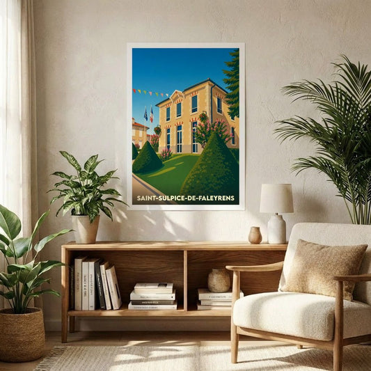 Affiche souvenir de la ville de Saint-Sulpice-de-Faleyrens avec une illustration stylisée d'un bâtiment remarquable.
