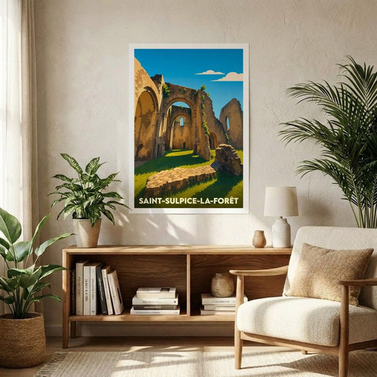 Affiche souvenir de la ville de Saint-Sulpice-la-Forêt illustrant les ruines d'une abbaye dans un style graphique épuré.
