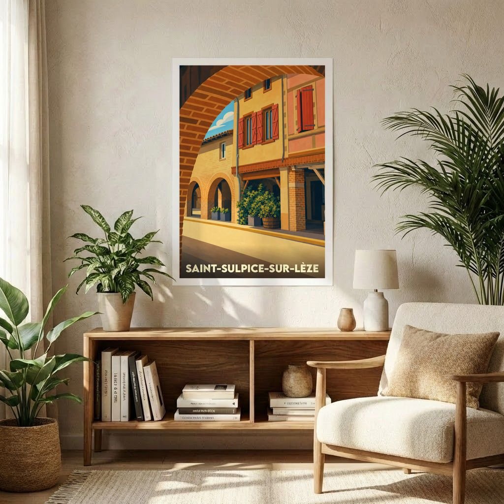 Affiche souvenir de la ville de Saint-Sulpice-sur-Lèze avec une illustration stylisée d'une rue à arcades ensoleillée.