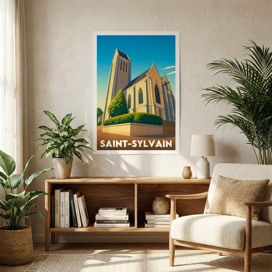Affiche souvenir de la ville de Saint-Sylvain avec une illustration stylisée de son église.