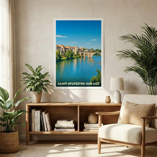 Affiche souvenir de la ville de Saint-Sylvestre-sur-Lot avec une illustration stylisée d'un pont enjambant une rivière.