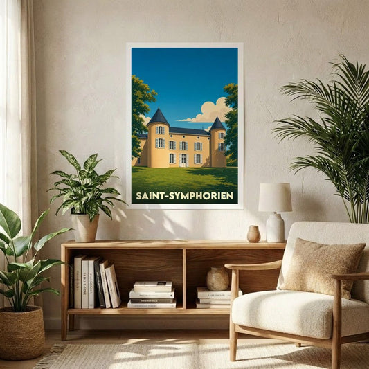Affiche souvenir de la ville de Saint-Symphorien illustrant un château jaune sous un ciel bleu azur.