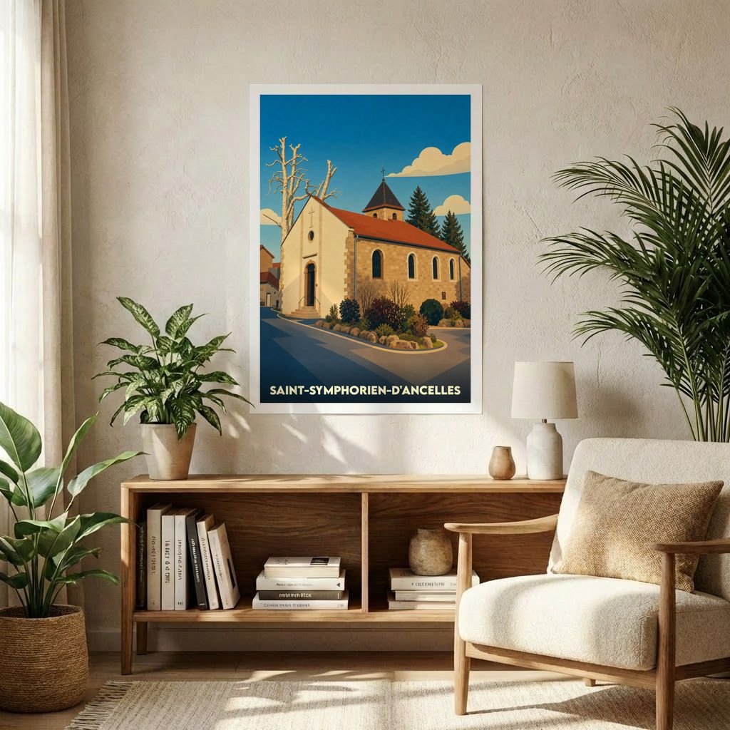 Affiche souvenir de la ville de Saint-Symphorien-d'Ancelles avec une illustration stylisée de son église.