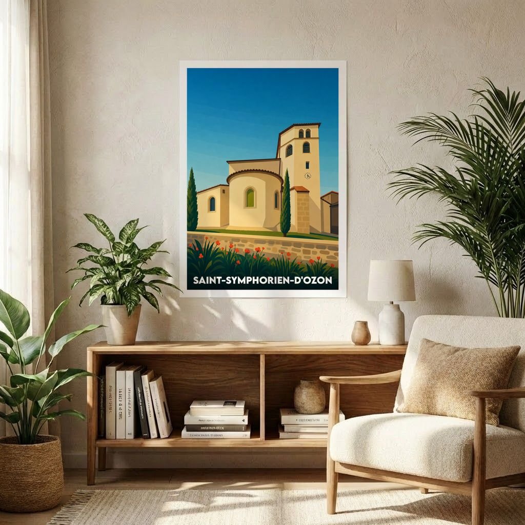 Affiche souvenir de la ville de Saint-Symphorien-d'Ozon avec une illustration stylisée de son église sous un ciel bleu.