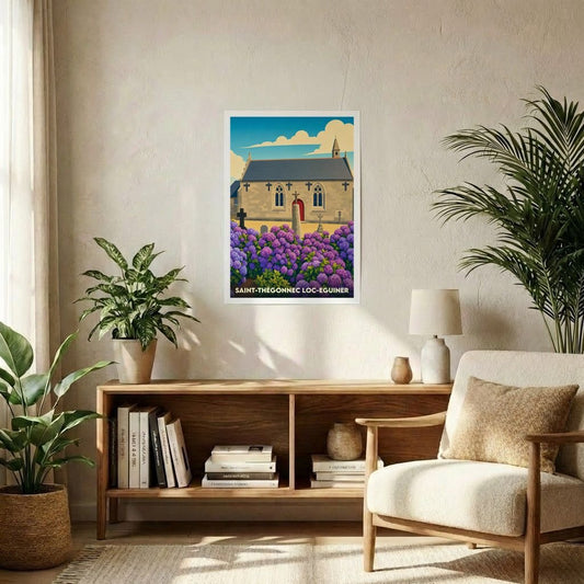 Affiche souvenir de la ville de Saint-Thégonnec Loc-Eguiner avec une illustration stylisée d'une église et de fleurs violettes.