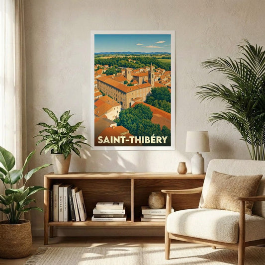 Affiche souvenir de la ville de Saint-Thibéry avec une illustration stylisée.