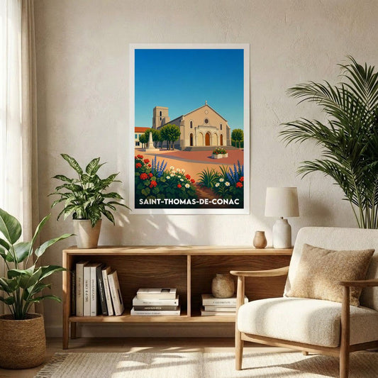 Affiche souvenir de la ville de Saint-Thomas-de-Conac avec une illustration stylisée de son église.