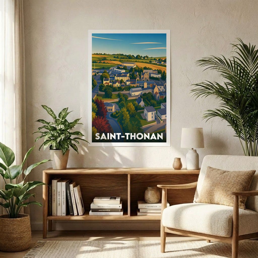 Affiche souvenir de la ville de Saint-Thonan avec une illustration stylisée et colorée du village.