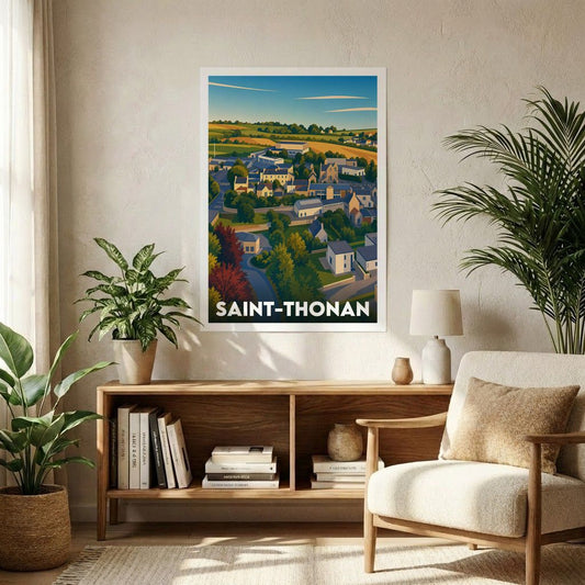 Affiche souvenir de la ville de Saint-Thonan avec une illustration stylisée et colorée du village.