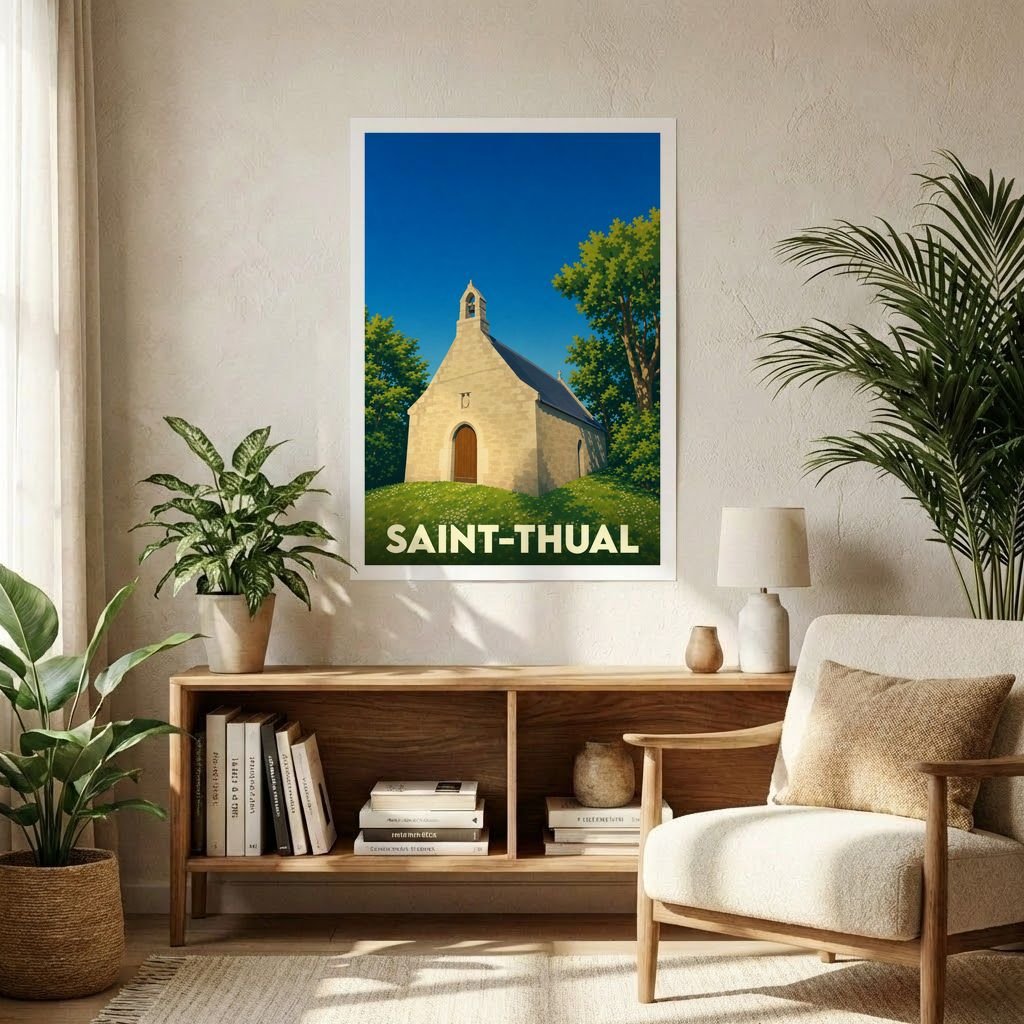 Affiche souvenir de la ville de Saint-Thual illustrant sa chapelle dans un style vintage épuré.