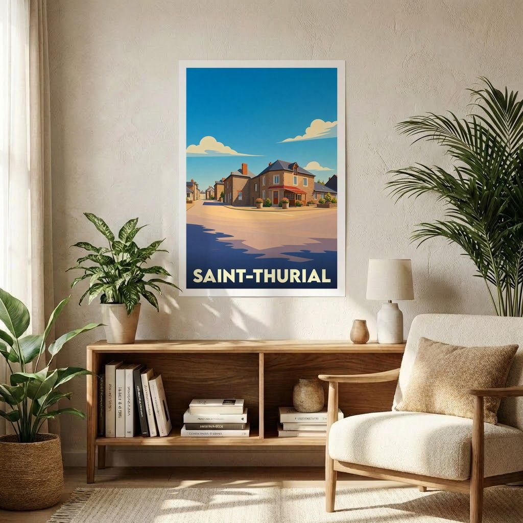 Affiche souvenir de la ville de Saint-Thurial avec une illustration stylisée et colorée.