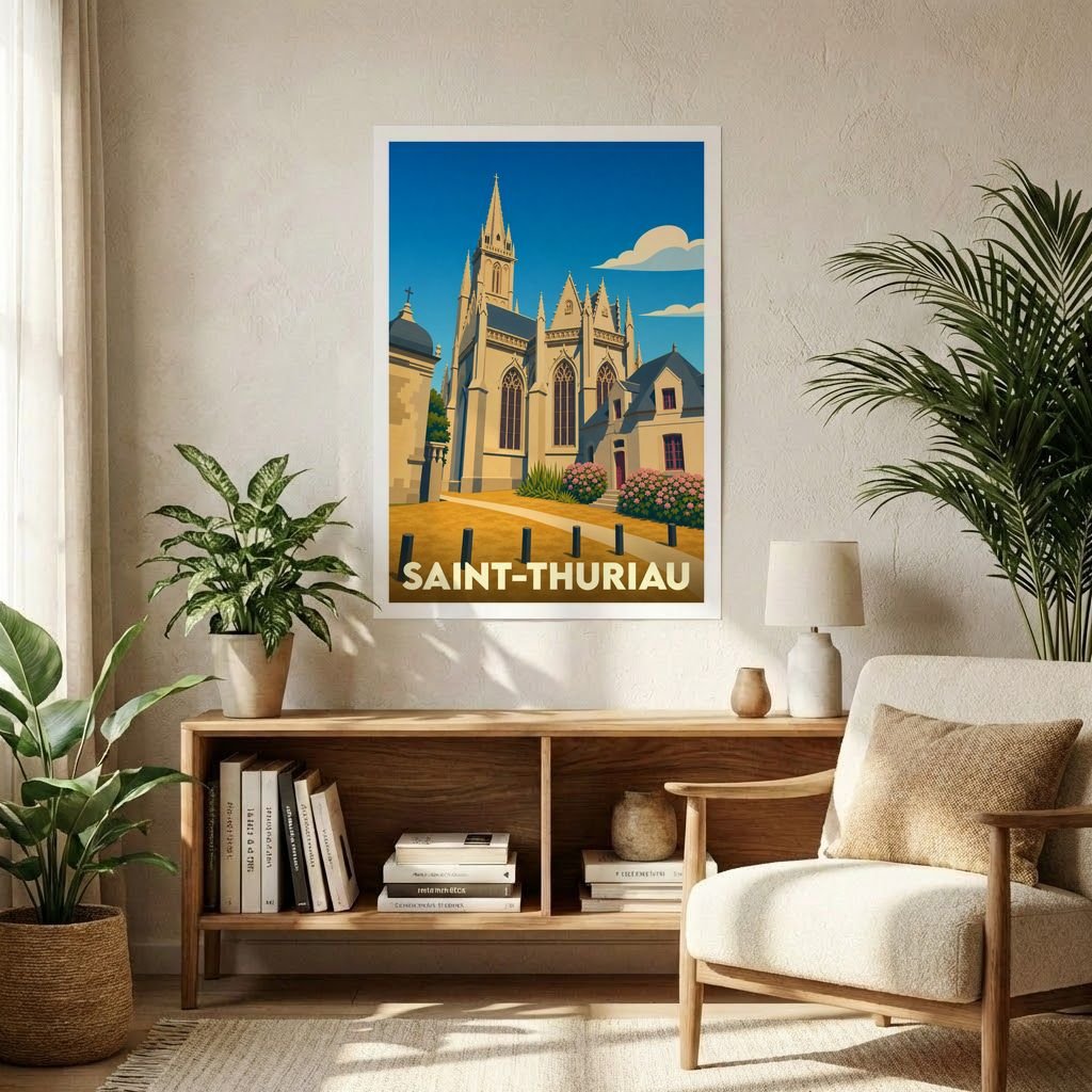 Affiche souvenir de la ville de Saint-Thuriau avec une illustration stylisée de son église.