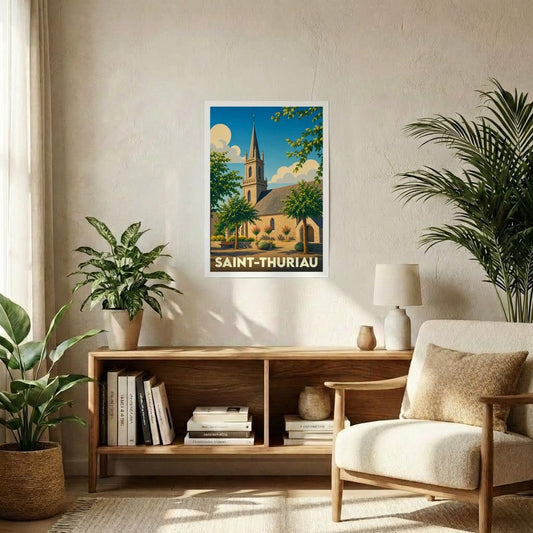Affiche souvenir de la ville de Saint-Thuriau avec une illustration stylisée de son église sous un ciel ensoleillé.