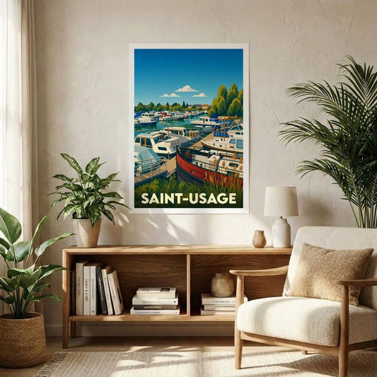 Affiche souvenir de la ville de Saint-Usage avec une illustration stylisée de son port de plaisance.
