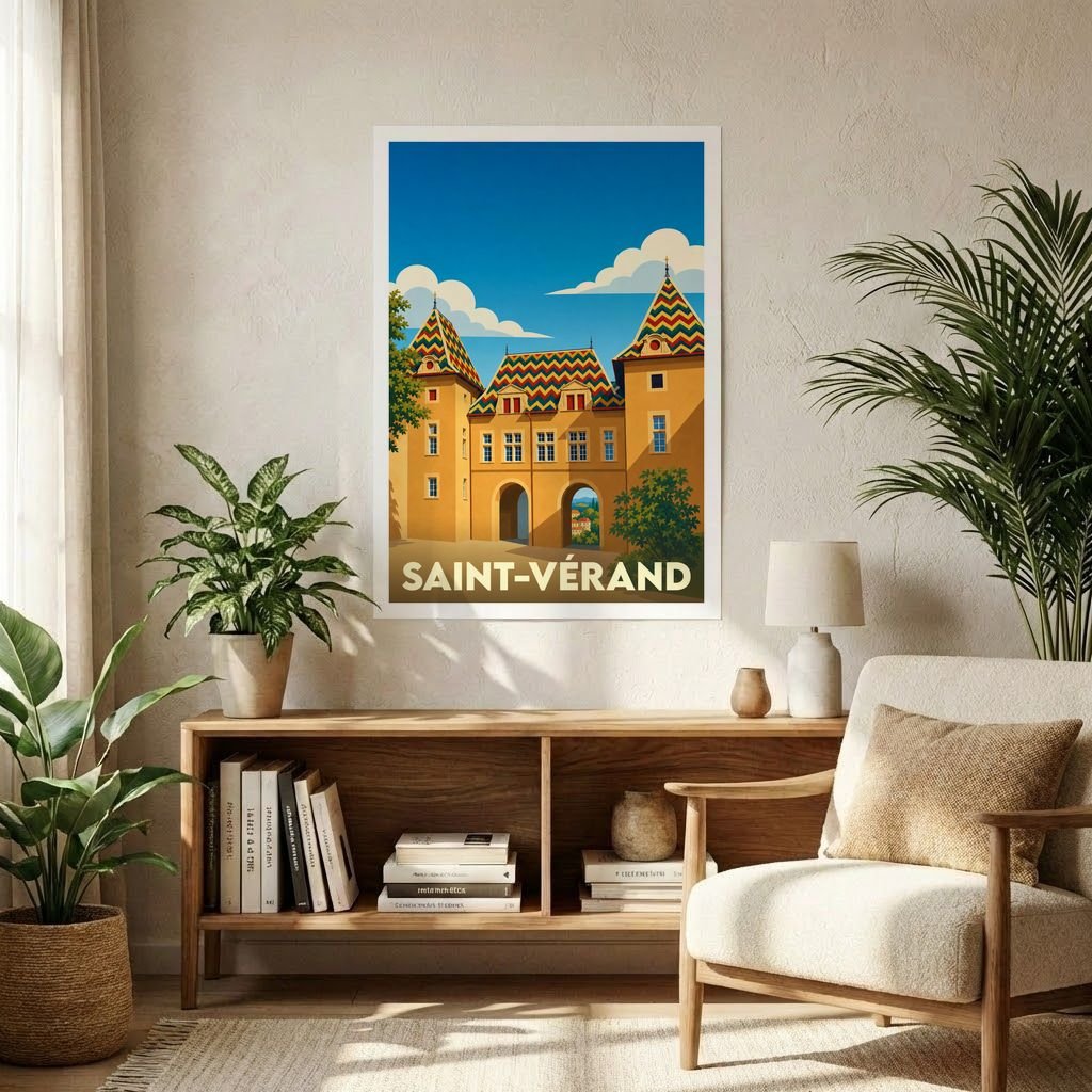 Affiche souvenir de la ville de Saint-Vérand avec une illustration stylisée de son château aux toits colorés.