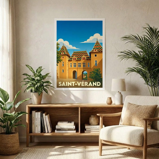 Affiche souvenir de la ville de Saint-Vérand avec une illustration stylisée de son château aux toits colorés.