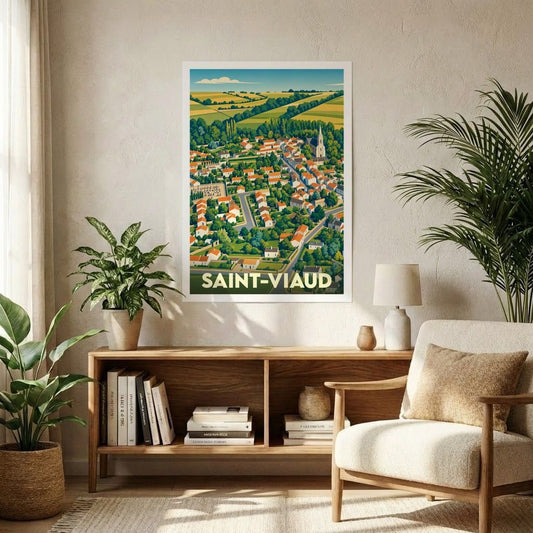 Affiche souvenir de la ville de Saint-Viaud présentant une vue aérienne illustrée et colorée de la commune.