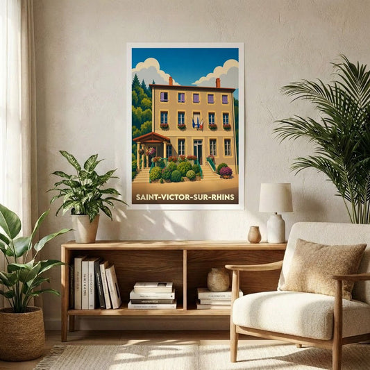 Affiche souvenir de la ville de Saint-Victor-sur-Rhins avec une illustration stylisée.