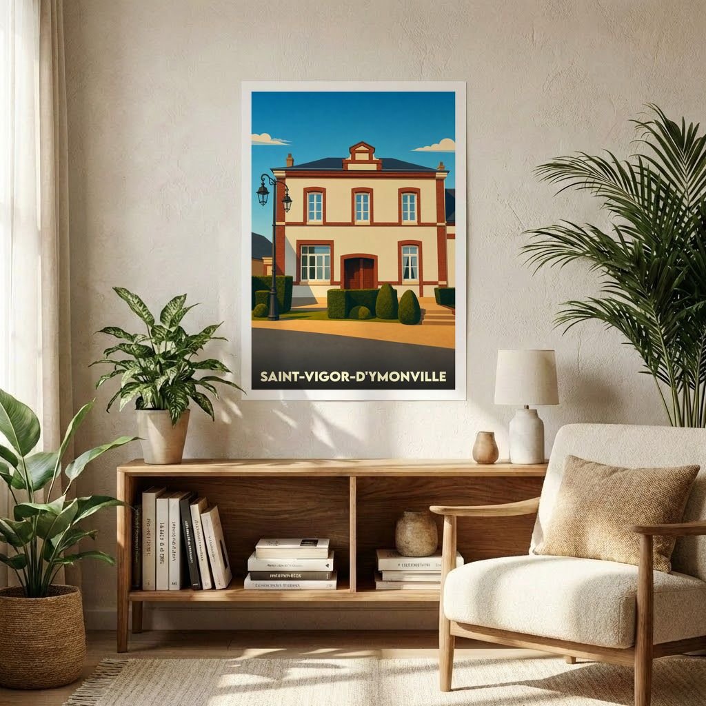 Affiche souvenir de la ville de Saint-Vigor-d'Ymonville avec une illustration stylisée de son architecture.