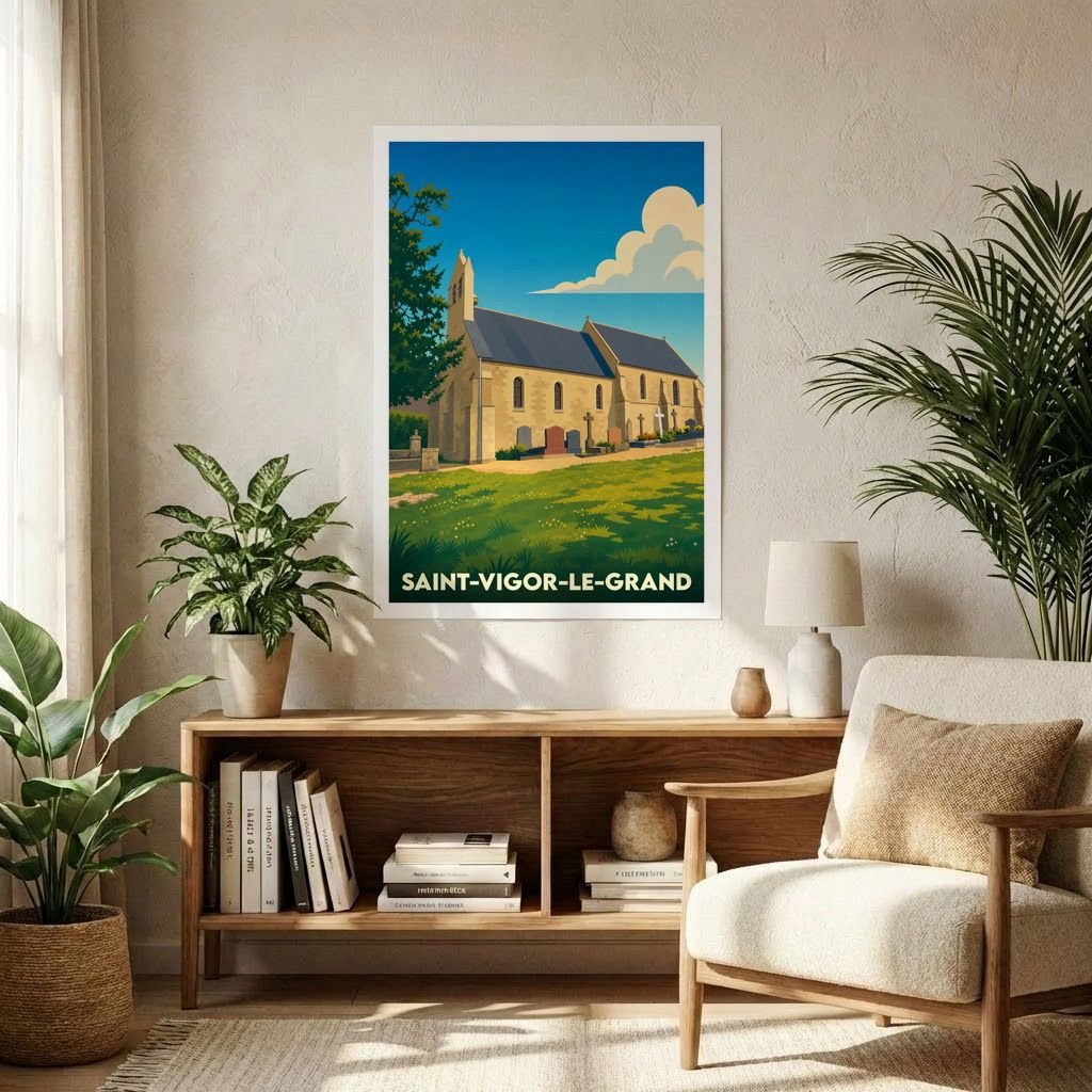 Affiche souvenir de la ville de Saint-Vigor-le-Grand avec une illustration stylisée de son église.