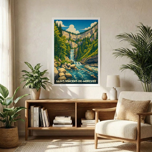Affiche souvenir de la ville de Saint-Vincent-de-Mercuze illustrant une cascade dans un paysage de montagne boisé.