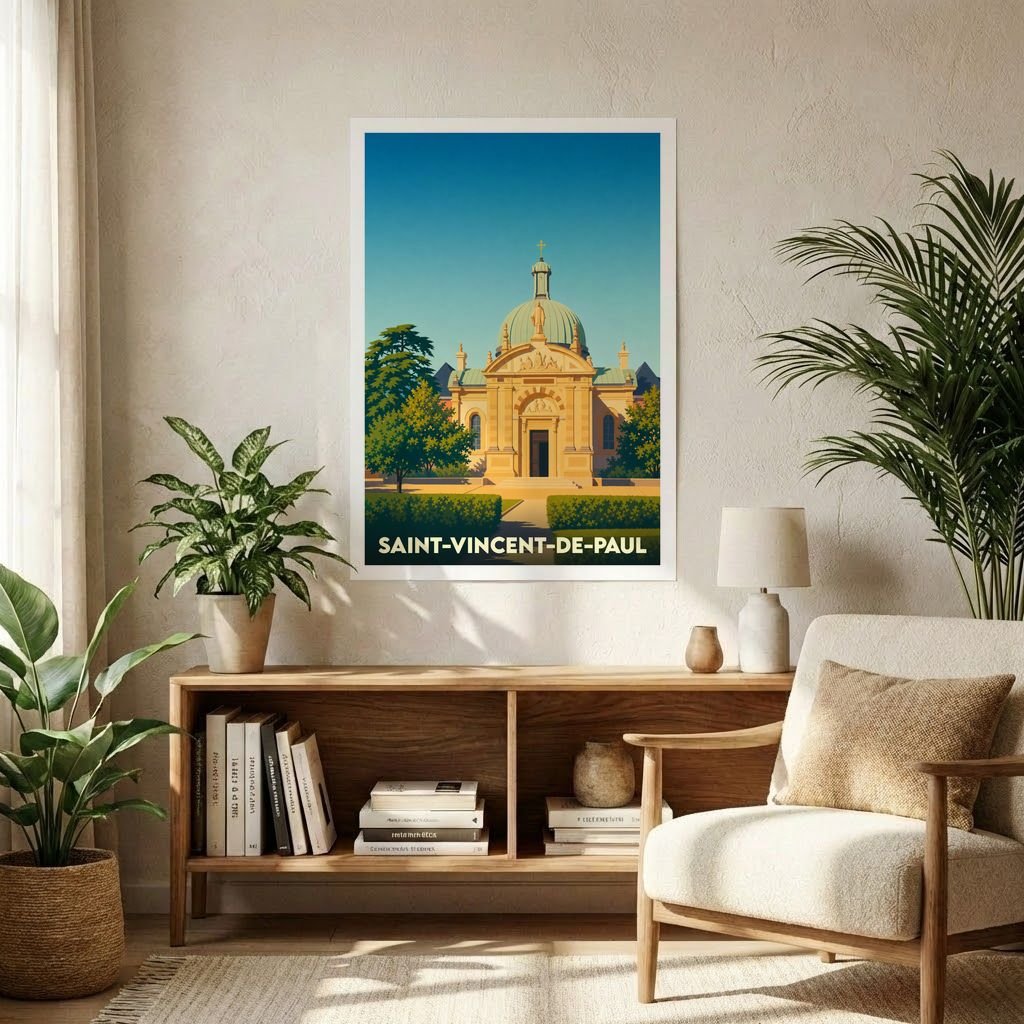 Affiche souvenir de la ville de Saint-Vincent-de-Paul avec une illustration stylisée de son église sous un ciel bleu.
