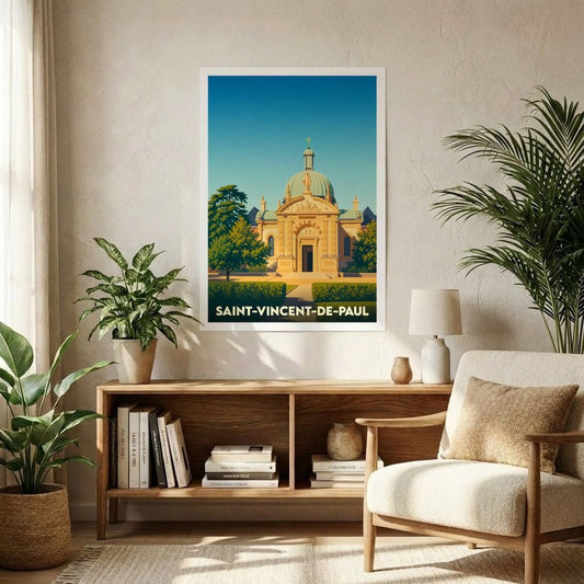 Affiche souvenir de la ville de Saint-Vincent-de-Paul avec une illustration stylisée d'une église sous un ciel bleu.