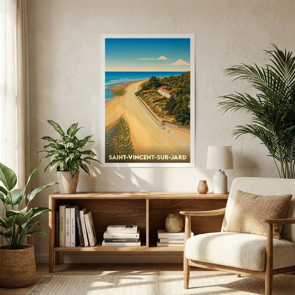 Affiche souvenir de la ville de Saint-Vincent-sur-Jard avec une illustration stylisée de son littoral.