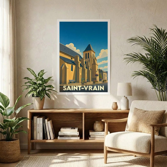Affiche souvenir de la ville de Saint-Vrain représentant son église dans un style graphique épuré.