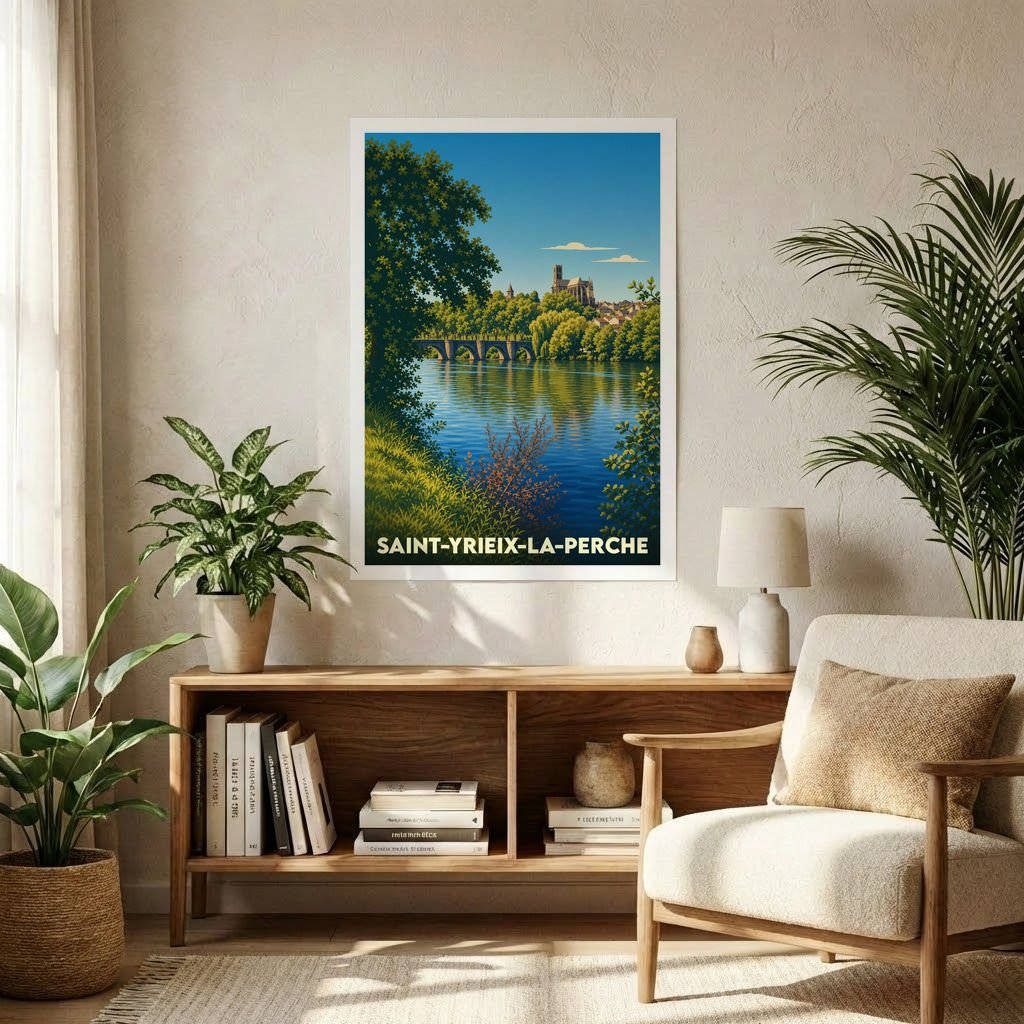 Affiche souvenir de la ville de Saint-Yrieix-la-Perche avec une illustration stylisée d'un paysage de rivière et son église.