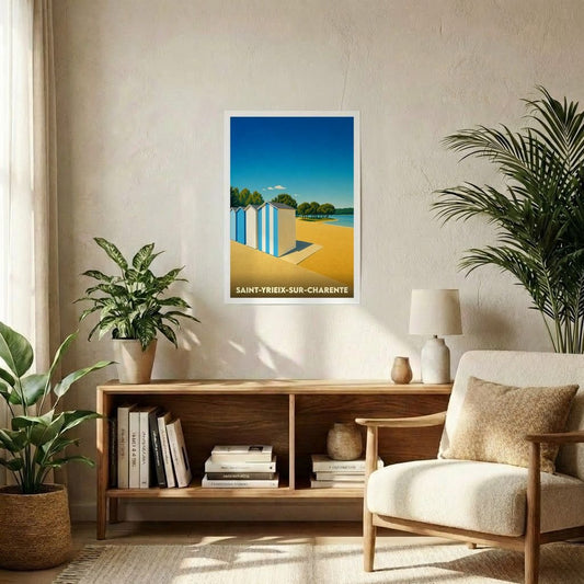 Affiche souvenir de la ville de Saint-Yrieix-sur-Charente illustrant des cabines de plage colorées au bord de l'eau.
