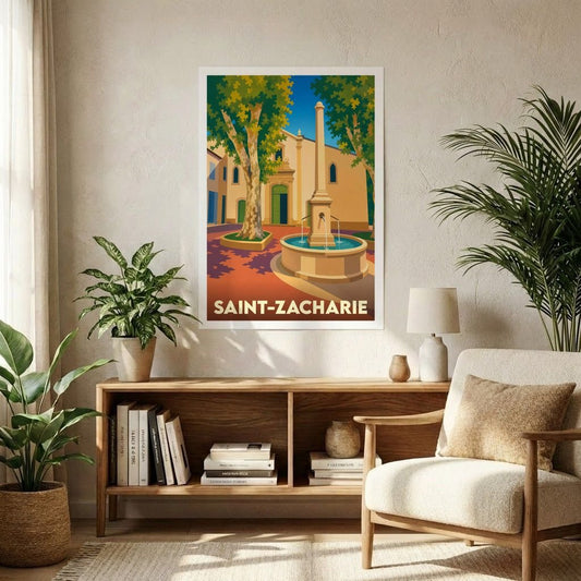 Affiche souvenir de la ville de Saint-Zacharie avec une illustration stylisée d'une place ensoleillée et sa fontaine.