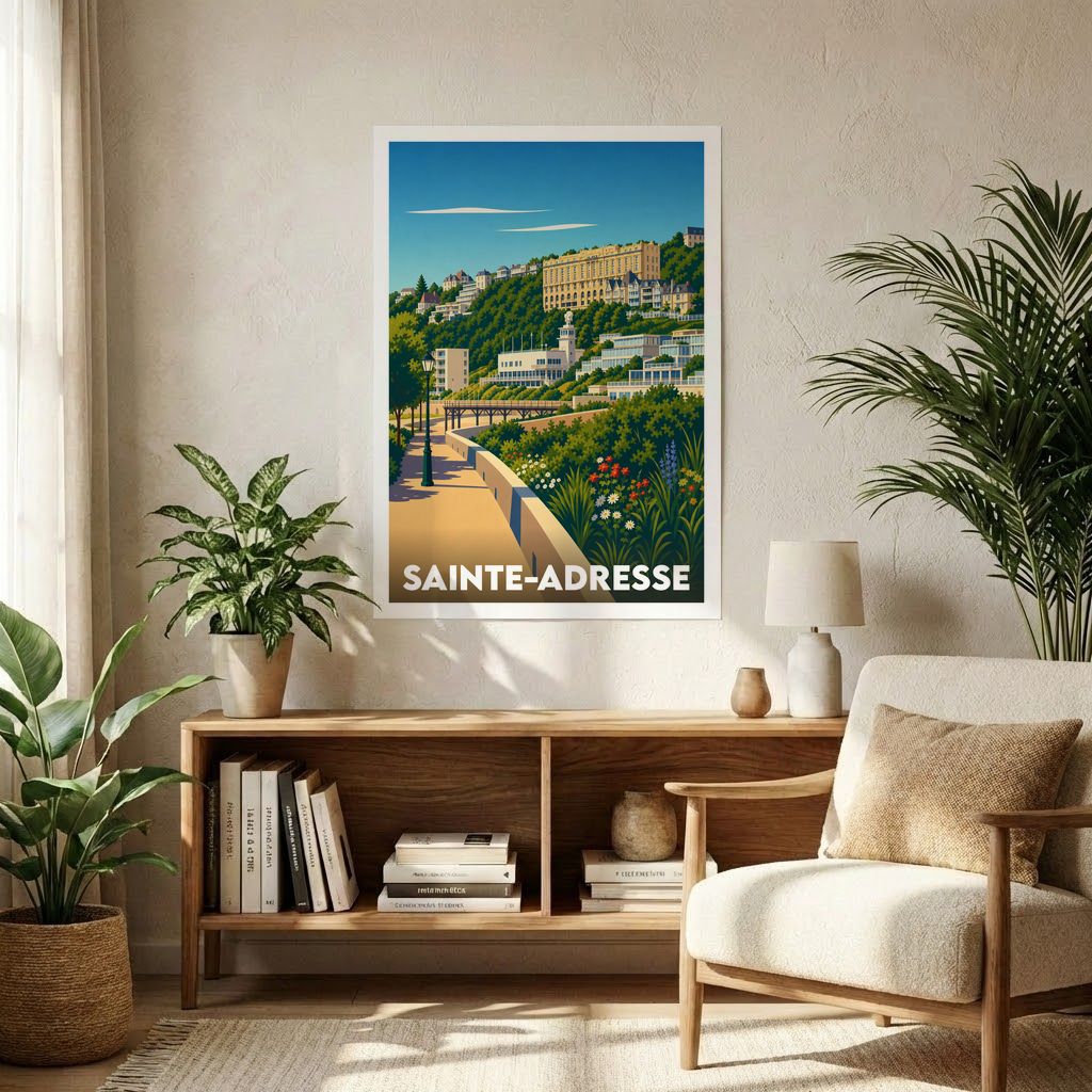 Affiche souvenir de la ville de Sainte-Adresse avec une illustration stylisée et colorée de son front de mer.