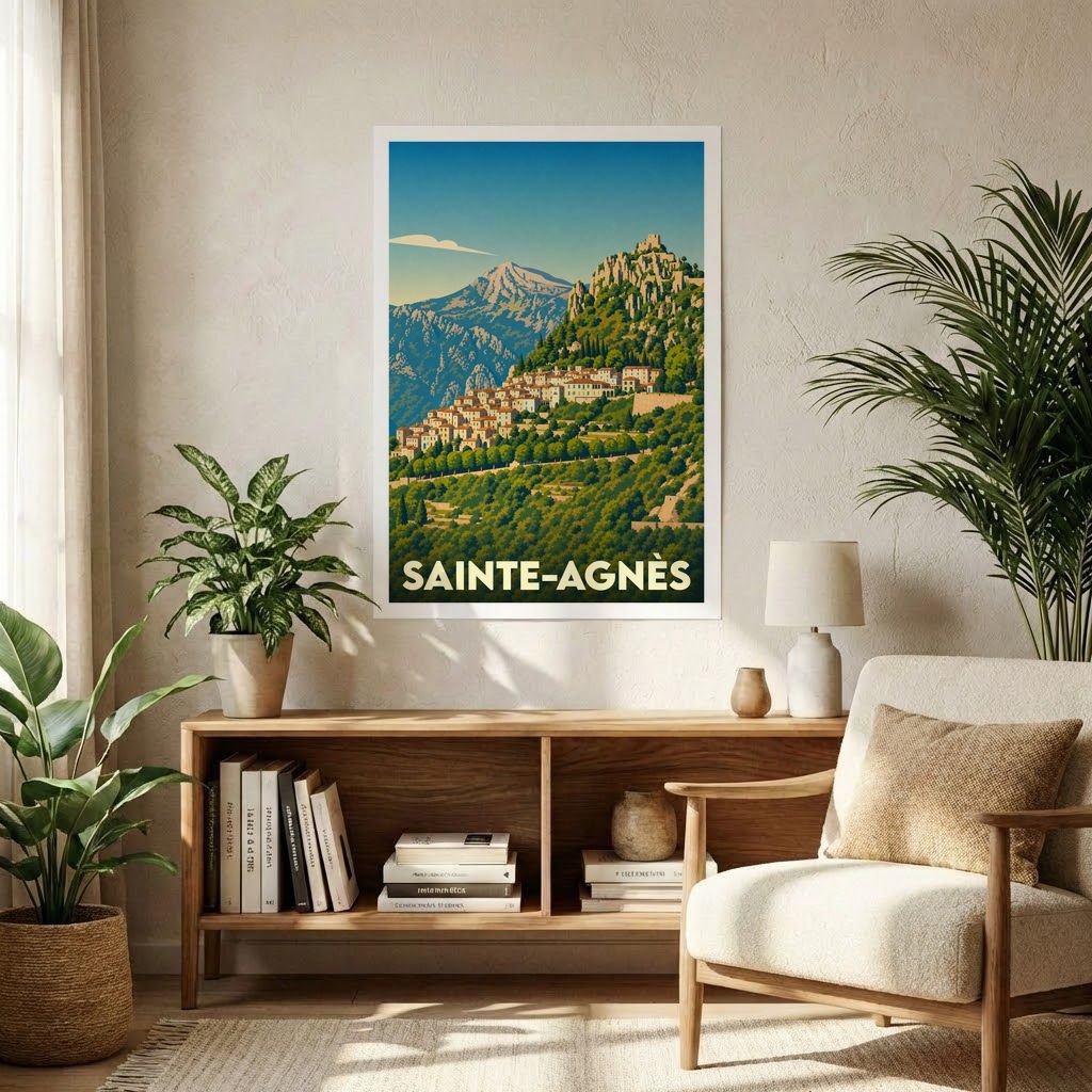 Affiche souvenir de la ville de Sainte-Agnès présentant une illustration stylisée du village perché.
