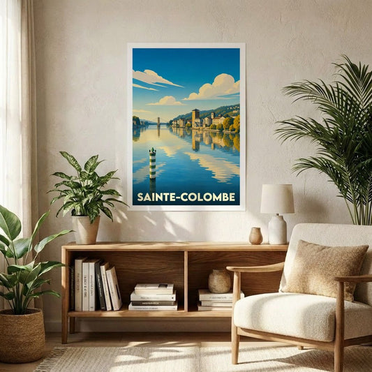 Affiche souvenir de la ville de Sainte-Colombe présentant une illustration stylisée des bords du Rhône.