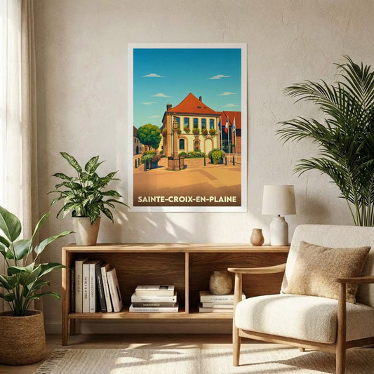 Affiche souvenir de la ville de Sainte-Croix-en-Plaine avec une illustration stylisée de sa place principale.