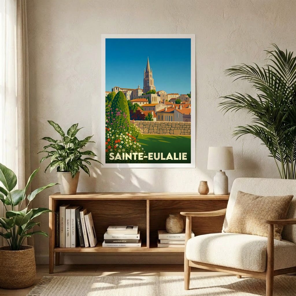 Affiche souvenir de la ville de Sainte-Eulalie avec une illustration stylisée et colorée.