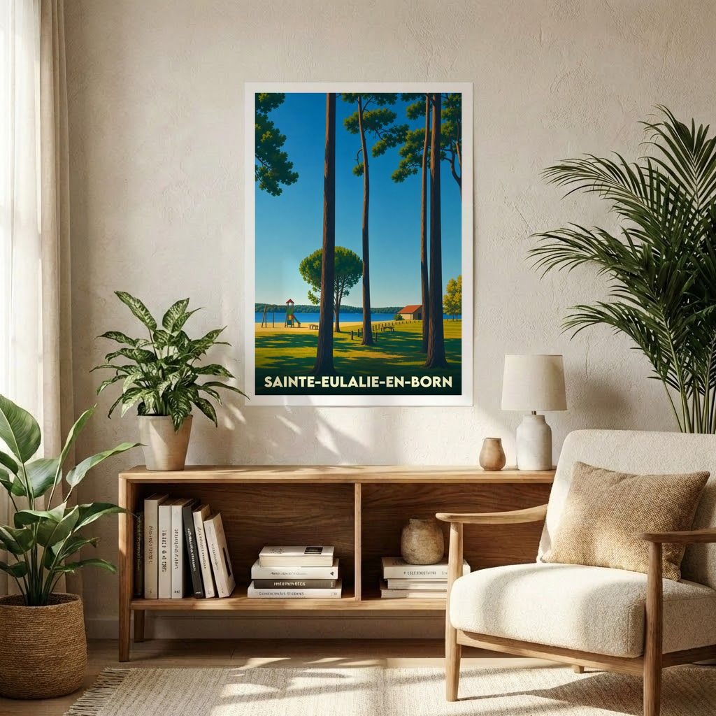 Affiche souvenir de la ville de Sainte-Eulalie-en-Born avec une illustration stylisée de pins au bord du lac.