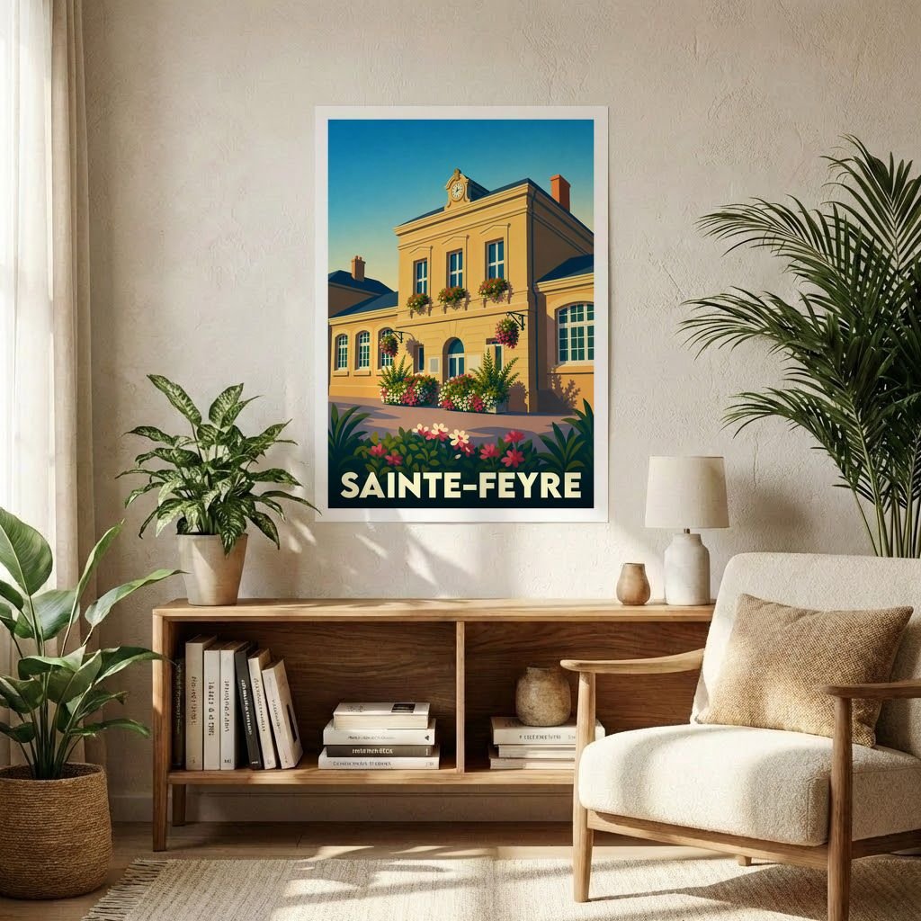 Affiche souvenir de la ville de Sainte-Feyre représentant son hôtel de ville dans un style graphique rétro.