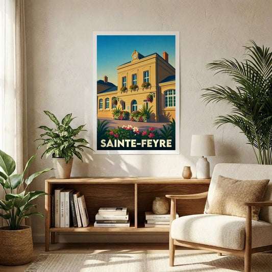 Affiche souvenir de la ville de Sainte-Feyre représentant son hôtel de ville dans un style graphique rétro.