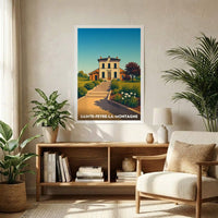 Affiche souvenir de la ville de Sainte-Feyre-la-Montagne avec une illustration stylisée d'un bâtiment et de jardins.