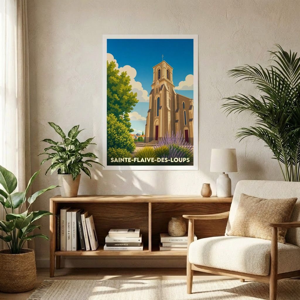 Affiche souvenir de la ville de Sainte-Flaive-des-Loups représentant son église dans un style graphique rétro.