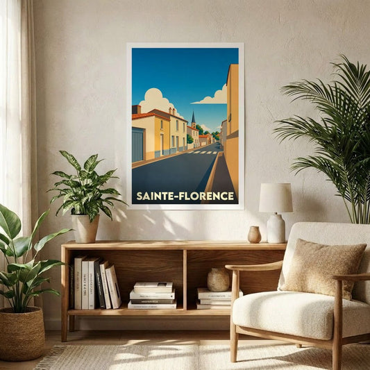 Affiche souvenir de la ville de Sainte-Florence avec une illustration stylisée d'une rue ensoleillée.