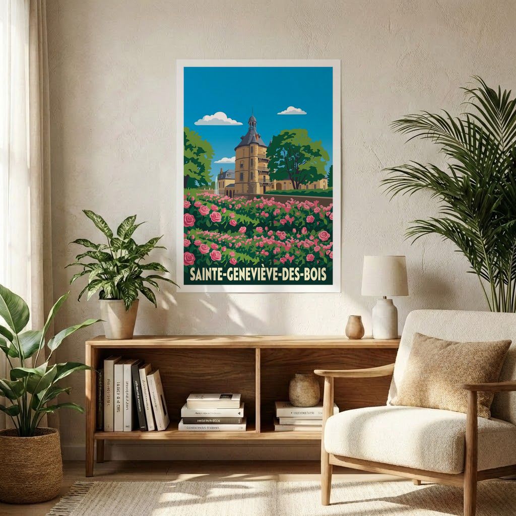Affiche souvenir de la ville de Sainte-Geneviève-des-Bois avec une illustration stylisée de son patrimoine.