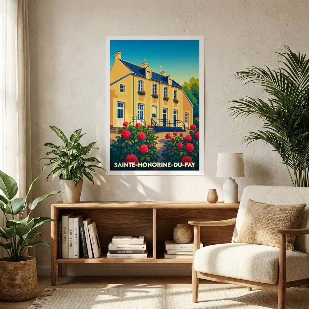 Affiche souvenir de la ville de Sainte-Honorine-du-Fay avec une illustration stylisée d'une maison fleurie.